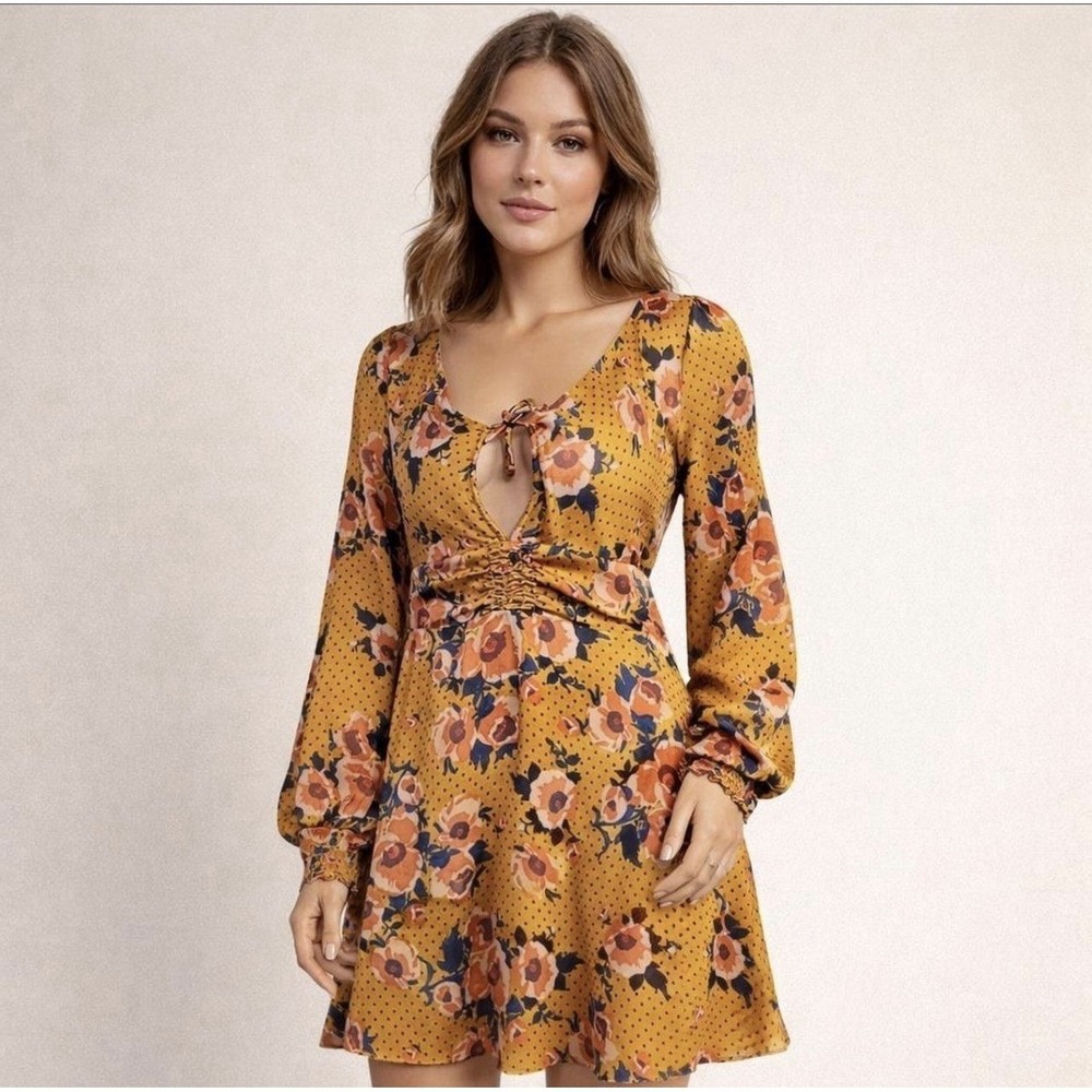 Free People Morning Light Floral Print Ruched Dress Size 10 Autumn Boho Chic